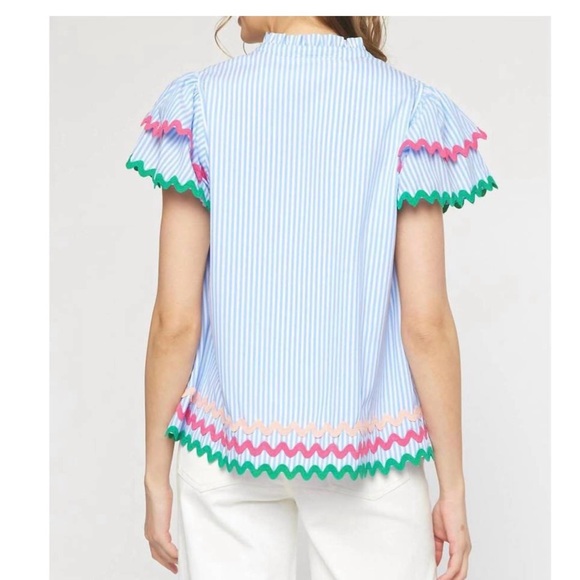 Entro NWT Light Blue and White Striped Blouse with Pink and Green Ric Rac - Picture 4 of 8